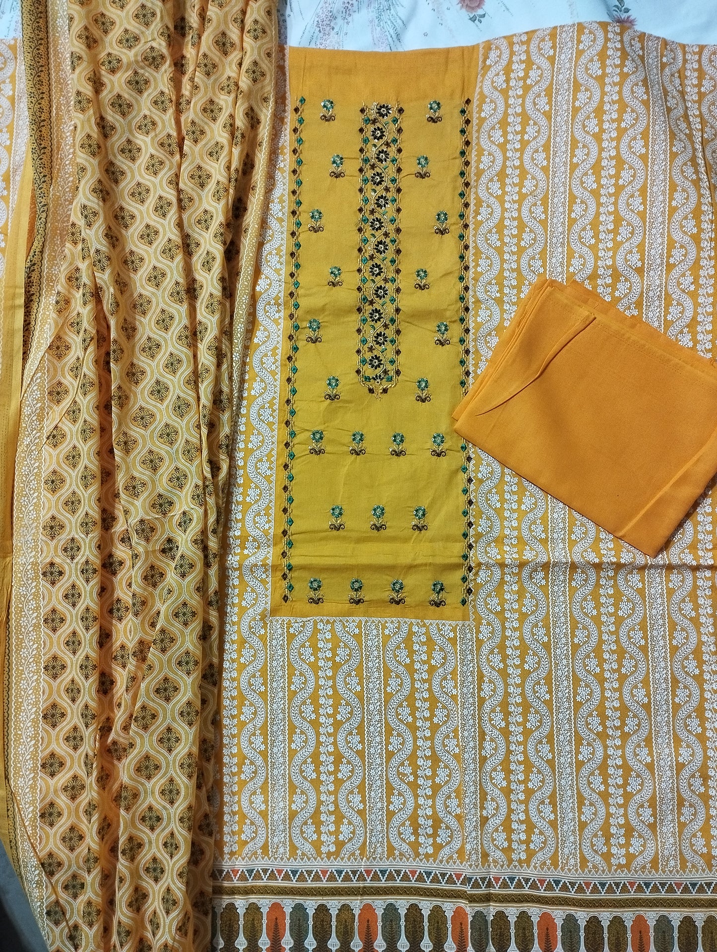 Deep Mustard Cotton Three Piece