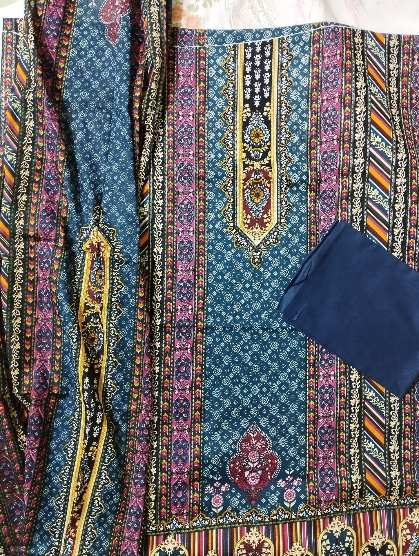 Royal Blue Traditional Printed Three Piece