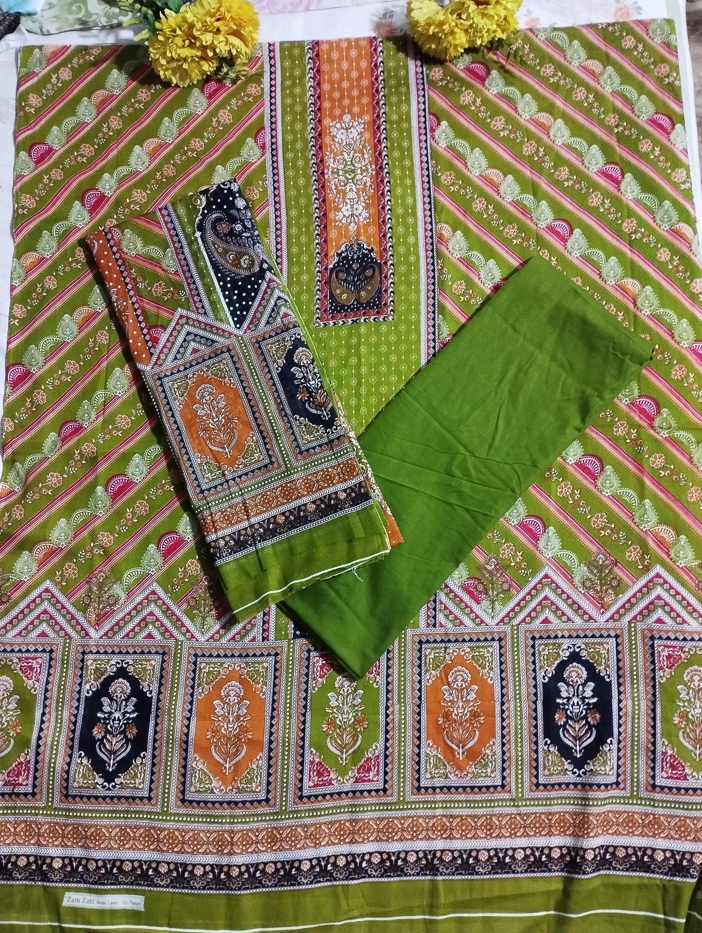 OLIVE ELEGANCE PRINTED COTTON THREE-PIECE