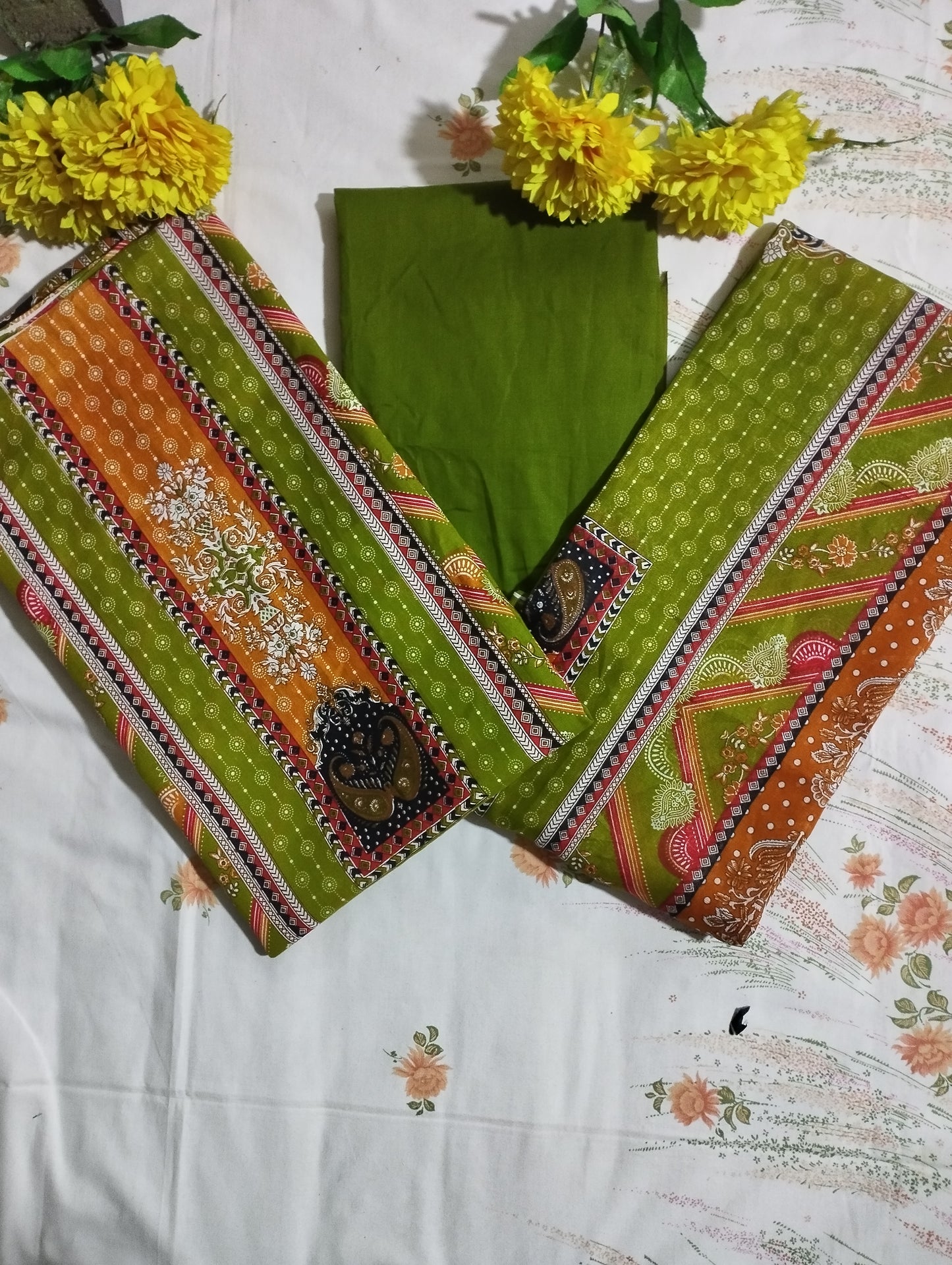 OLIVE ELEGANCE PRINTED COTTON THREE-PIECE
