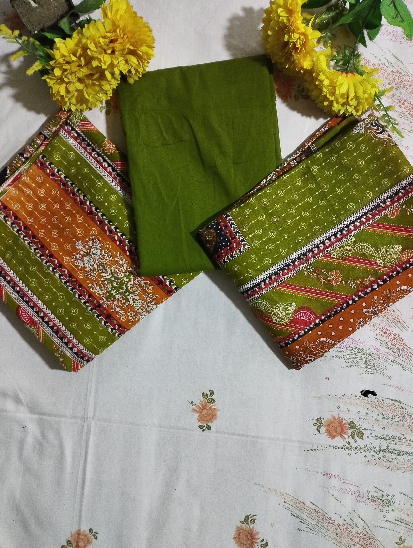 OLIVE ELEGANCE PRINTED COTTON THREE-PIECE