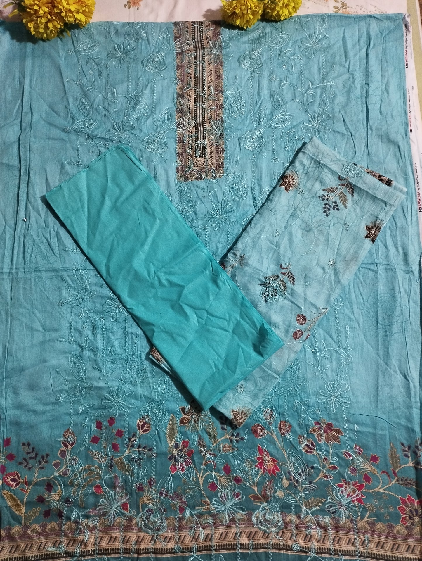 TURQUOISE BLUE SHED EEMBROIDERY PRINTED COTTON THREE PIECE