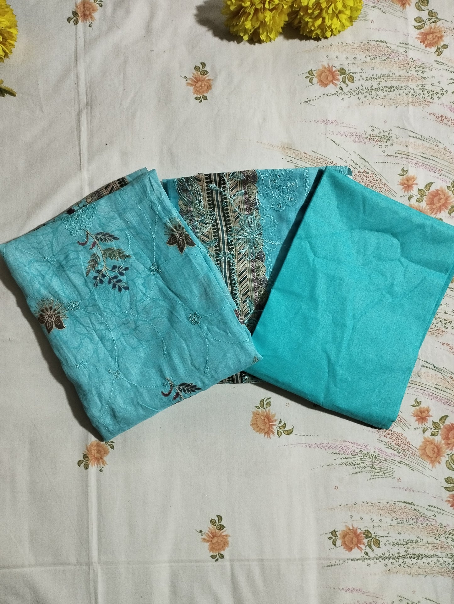 TURQUOISE BLUE SHED EEMBROIDERY PRINTED COTTON THREE PIECE