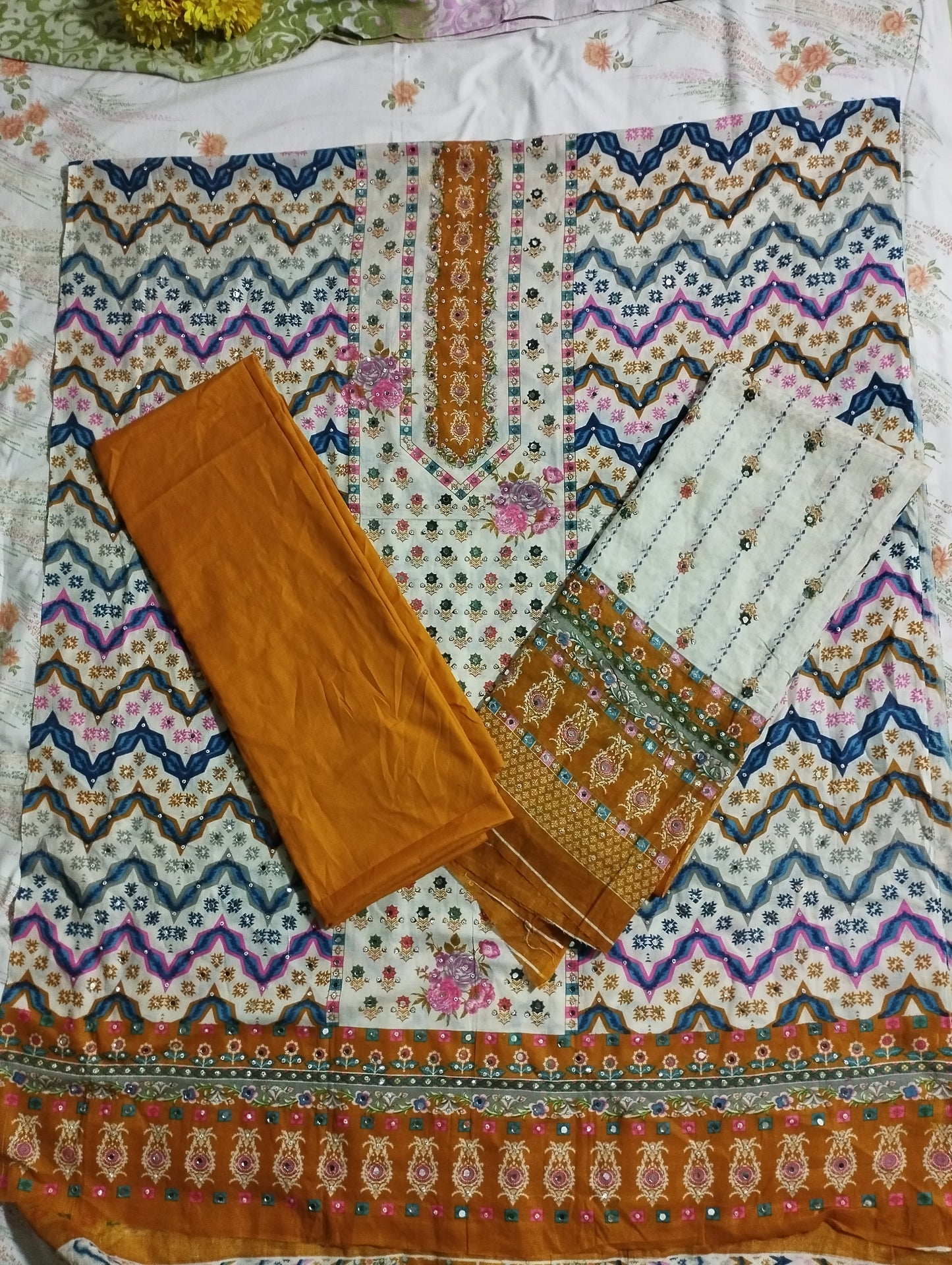 KARCHUPI GLASS WORK PRINTED THREE PIECE