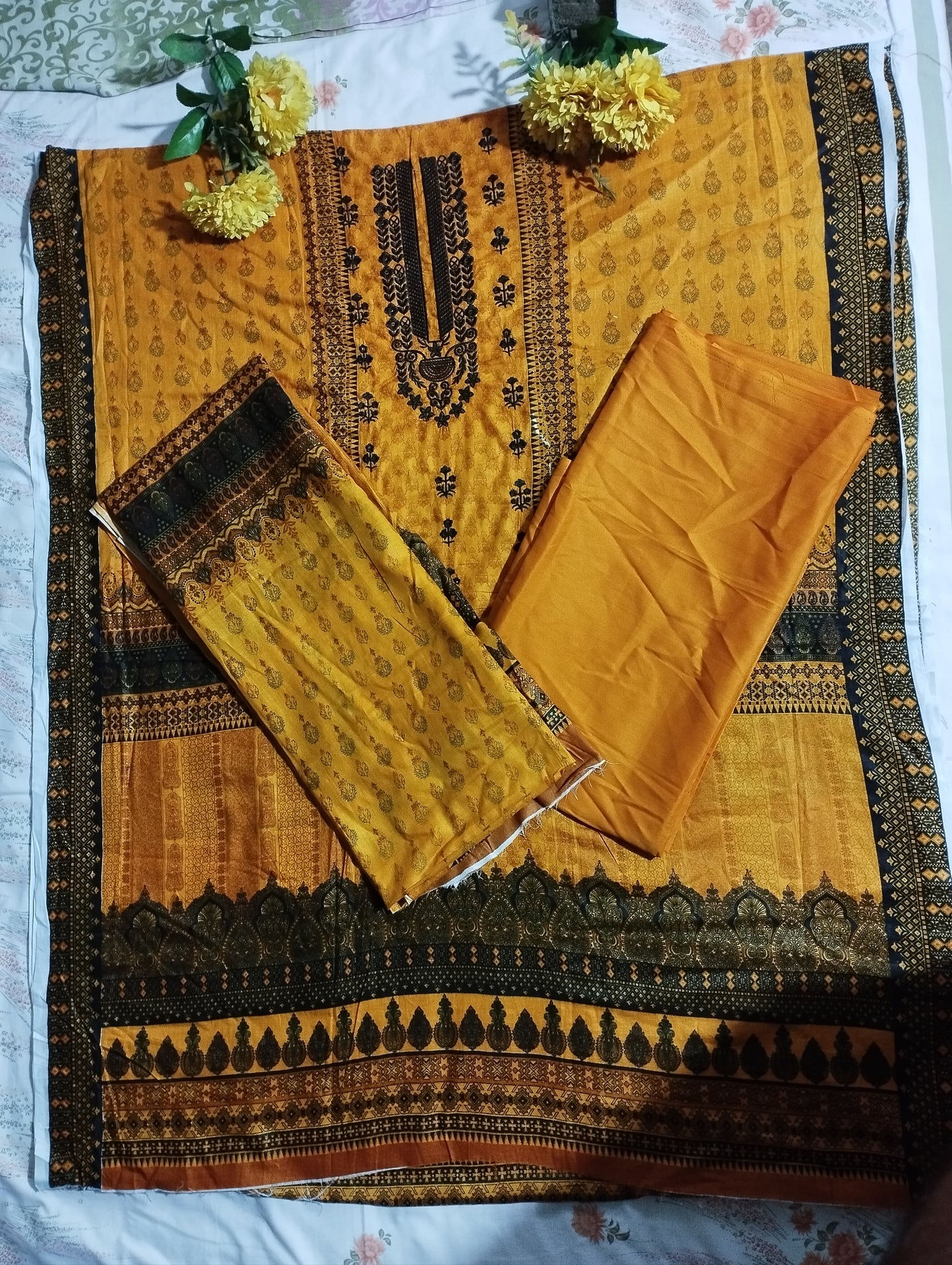 MUSTARD SERENE PRINTED THREE PIECE COTTON SET