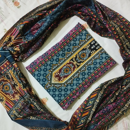 Royal Blue Traditional Printed Three Piece