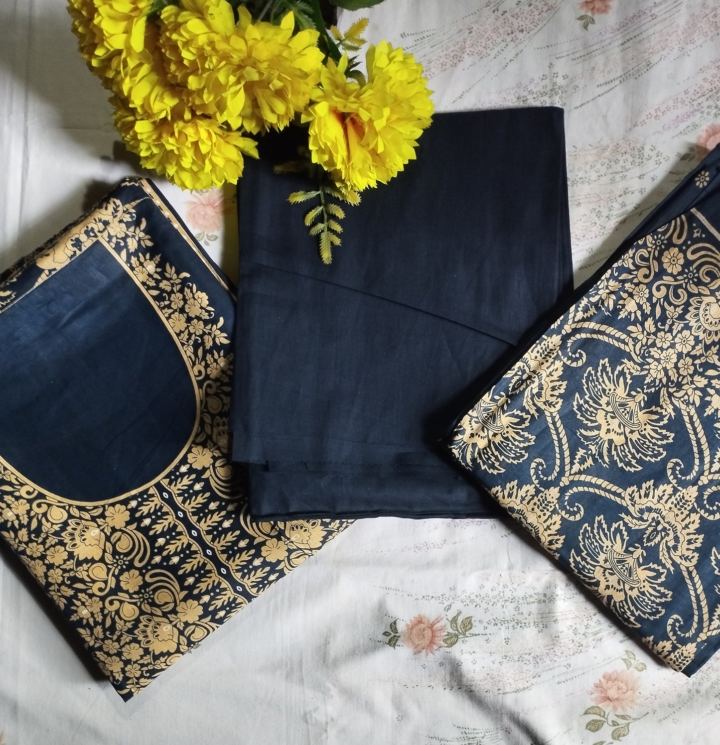NAVY BLUE GOLDEN ELEGANCE PRINTED THREE PIECE