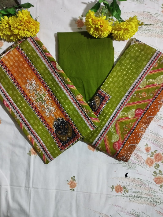 OLIVE ELEGANCE PRINTED COTTON THREE-PIECE
