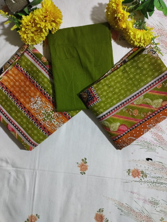 OLIVE ELEGANCE PRINTED COTTON THREE-PIECE