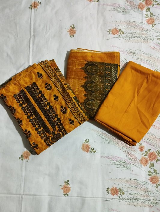 MUSTARD SERENE PRINTED THREE PIECE COTTON SET