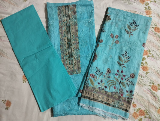TURQUOISE BLUE SHED EEMBROIDERY PRINTED COTTON THREE PIECE