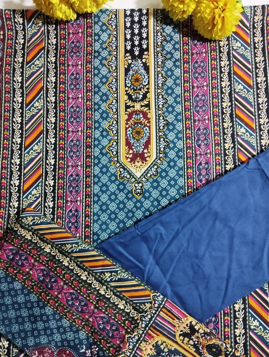 ROYAL BLUE TRADITIONAL PRINTED COTTON THREE PIECE